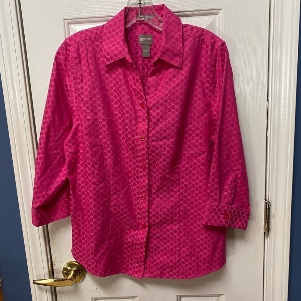 Chicos O S Wrinkle Resistant Button Up Collared Blouse Pink 3/4 Sleeve.